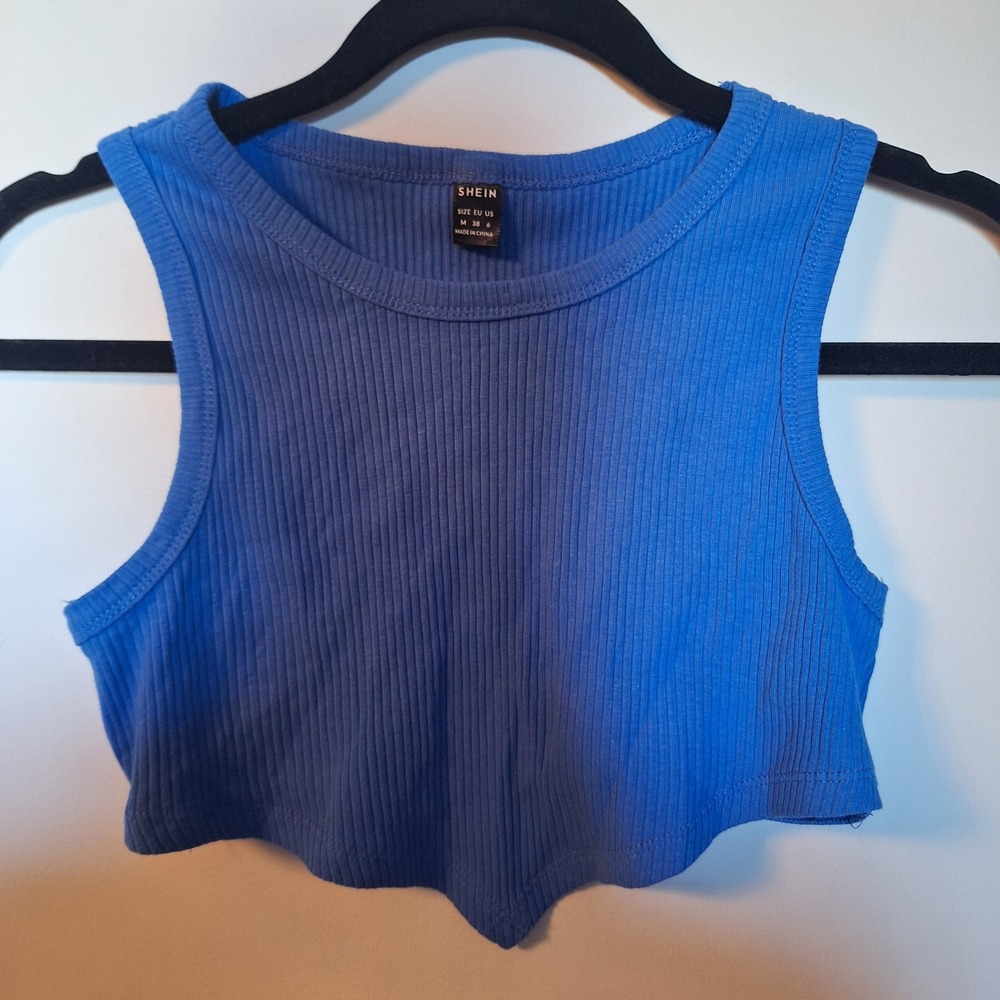 SHEIN Blue Ribbed Knit Handkerchief Hem Crop Top Tank Size Medium US 6